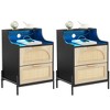 2-Pack Wooden Rattan Nightstand - Bedside Table with Charging Station, LED Lights, USB Ports & Outlets, Modern for Bedroom, Living Room - 2 of 4