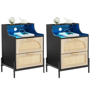 Nightstand with 2 Wicker Storage Drawers, Modern Bedside Table, Sturdy Wood Legs, Rattan Accent Side Table for Living Room, Large Storage Surface - 1 of 4