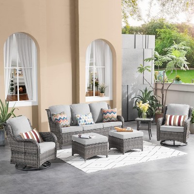 XIZZI Wicker Patio Furniture Set with 3-Seat Sofa, Swivel Rocking Armchairs & Ottomans & Side Table, Modular Sectional Outdoor Conversation Sofa Set