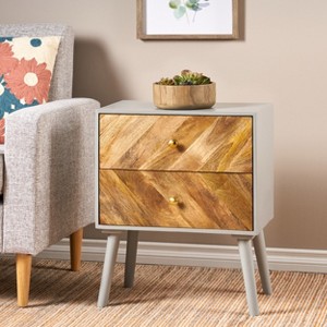 KWPZQEB Mango Wood Nightstand, End Table with Handmade Chevron Design, Night Stand with 2 Storage Drawers & Gold Handles for Living Room, Bedroom - 1 of 4