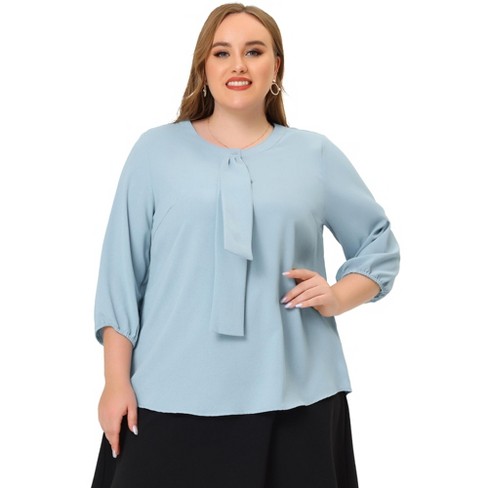 Agnes Orinda Women's Plus Size 3/4 Sleeves Round Neck Ruffle Chiffon Work  Blouse Baby Blue 2x : Target