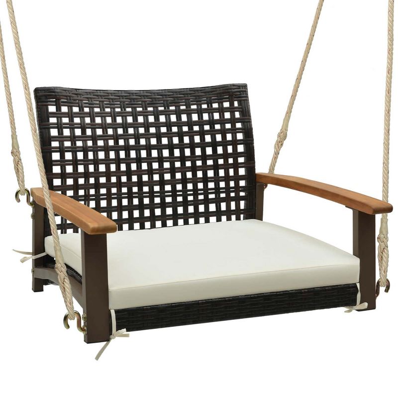 Costway Outdoor Single Swing Chair Bench 1-Person Rattan Porch Swing with Cushion, 4 of 10