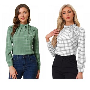 INSPIRE CHIC Women's Bow Tie Neck Keyhole Back Grid Checks Office Work Blouses 2 Packs - 1 of 4