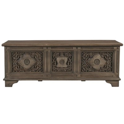 HomeRoots 54" Brown Carved Floral Solid Wood Storage Ottoman