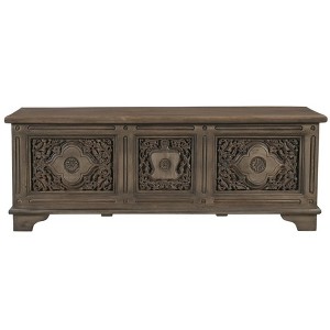 HomeRoots 54" Brown Carved Floral Solid Wood Storage Ottoman - 1 of 4