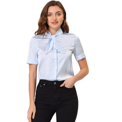Allegra K Women's Work Tie Neck Short Sleeve Satin Elegant Button Down Shirt