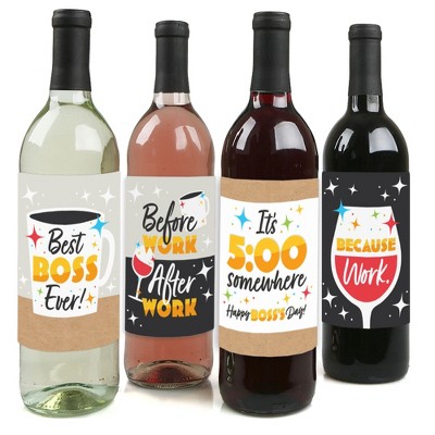 Big Dot of Happiness Happy Boss's Day - Best Boss Ever Decorations for Women and Men - Wine Bottle Label Stickers - Set of 4