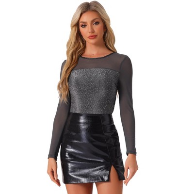 Allegra K Women's Shiny Glitter Round Neck Long Sleeve Sparky Mesh Blouse