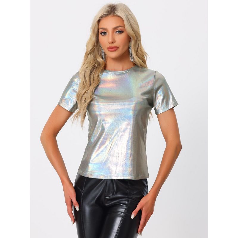 Allegra K Women's Party Metallic Short Sleeve Textured Shiny T-shirts, 5 of 8