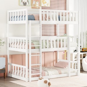 KTMBDW Rubber Wood Low Twin Triple Bunk Bed for Kids/Junior, Bunk Bed Frame with Guardrails & Ladder for Boys Girls, No Box Spring Needed - 1 of 4