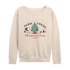 Women's - Peanuts - Farm Fresh Trees Lightweight French Terry Wide Neck Long Sleeve Shirt - 1 of 4