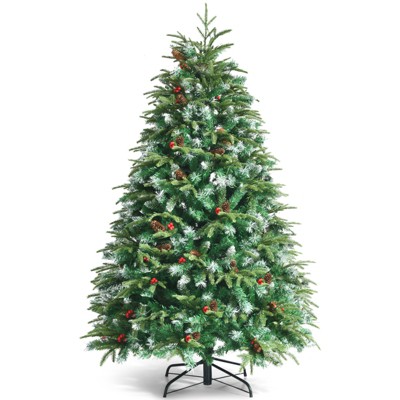 Tangkula Hinged Life-Like Christmas Tree W/ LED Lights Pre-Lit Artificial Xmas Tree W/ PE & PVC Leaves