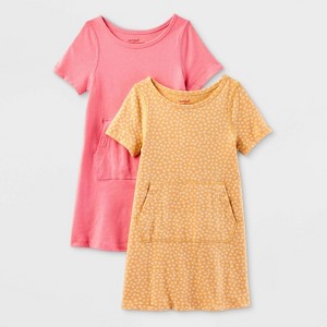 Toddler Girls' Adaptive 2pk Short Sleeve Floral/Solid Dress - Cat & Jack™ Light Mustard Yellow/Bright Pink - 1 of 4