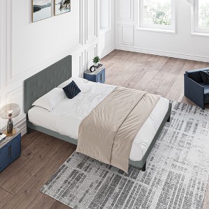 Okak Modern Queen Platform Bed Frame with Upholstered, Linen Button Tufted Headboard Sturdy Wood Slats No Box Spring Needed Easy Assembly, Dark Gray - 1 of 4