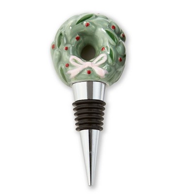 TAG Very Merry Wreath Bottle Stopper Multicolor Ceramic Hand Wash Only 1.75 in l x 1 in w x 4 in h Christmas Bar Decor