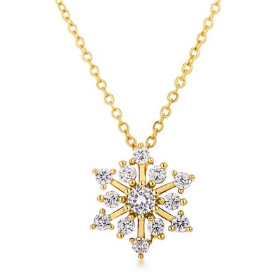 ShineHigh Contemporary CZ Snowflake Pendant Necklace in Goldtone or Silvertone Finish with 16" + 2" Chain