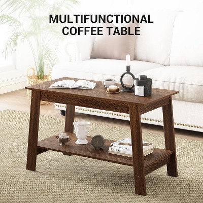 31.5 Inch Coffee Table with 2-Tier Storage, Modern Industrial Rectangular Living Room Table, Compact MDF & Particle Board Build, Light Walnut