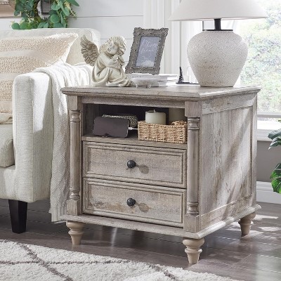 24" Farmhouse Nightstand wtih Charging Station, Square End Table Side Table with 4 Solid Wood Feet &  2 Drawers for Living Room, Bedroom