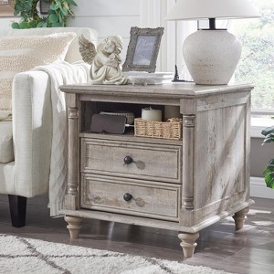 24" Farmhouse Nightstand wtih Charging Station, Square End Table Side Table with 4 Solid Wood Feet &  2 Drawers for Living Room, Bedroom - 1 of 4