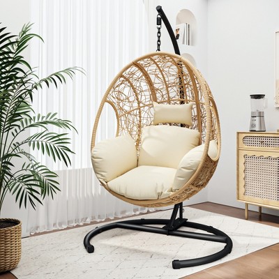 Lycvki High Quality PE Wicker Swing Egg Chair with Cushion and Black Stand