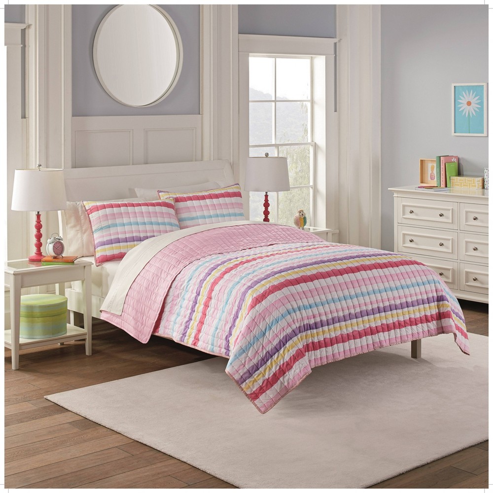 Photos - Duvet 3pc Full Froot Loops Striped Reversible Kids' Quilt Set Pink - Waverly Kid