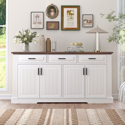 TiramisuBest 63" Fluted Sideboard Buffet Cabinet, Farmhouse Coffee Bar Cabinet with 4 Doors & 3 Drawers for Kitchen, Dining & Living Room