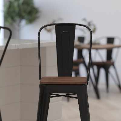 Industrial Black Metal Bar Stool with Wood Seat