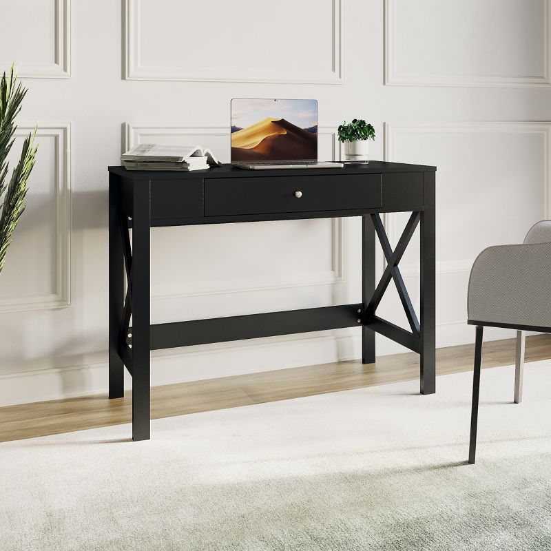 Writing Desk - Modern Desk with X-Pattern Legs and Drawer Storage - For Home Office, Bedroom, Computer, or Craft Table by Lavish Home (Black), 5 of 8