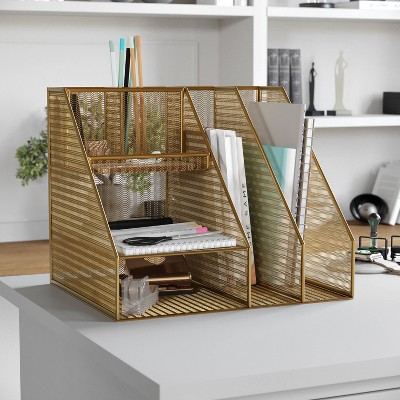 Martha Stewart 7-Slot Metal Mesh Desktop Organizer Gold: Office Desk Organization Set, Metal Drawer Organizers