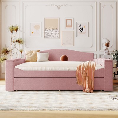 Whisen Modern Teddy Fleece Daybed with Bluetooth Audio, USB Port, Storage Armrests and Trundle