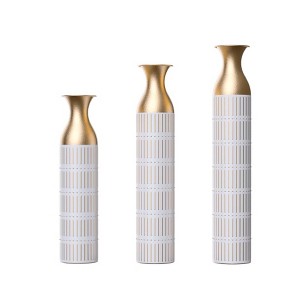 AENKYO Set of 3 Metal Tall Floor Vases, Gold Geometric Cylinder Vases with Vine Patterns -  for Living Room & Home Decor - 25"/29"/34" Height - 1 of 4