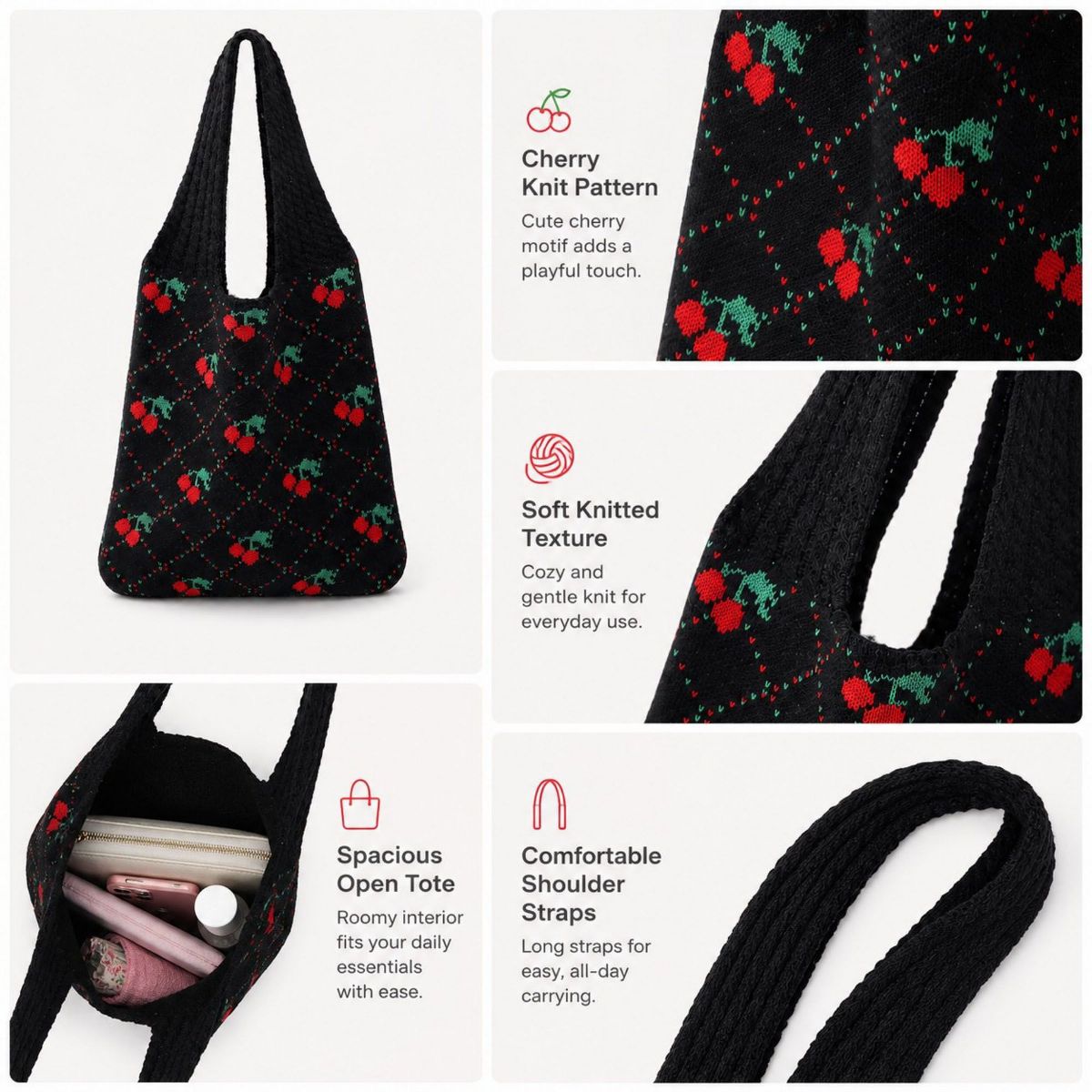 Alilang Women's Cherry Knit Tote Bag Crochet Shoulder Purse Large Summer Beach Carryall - thumbnail 3