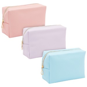 Glamlily 3 Pack Faux Leather Makeup Bag with Zipper, Travel Cosmetic Bags, 3 Pastel Colors - 1 of 4