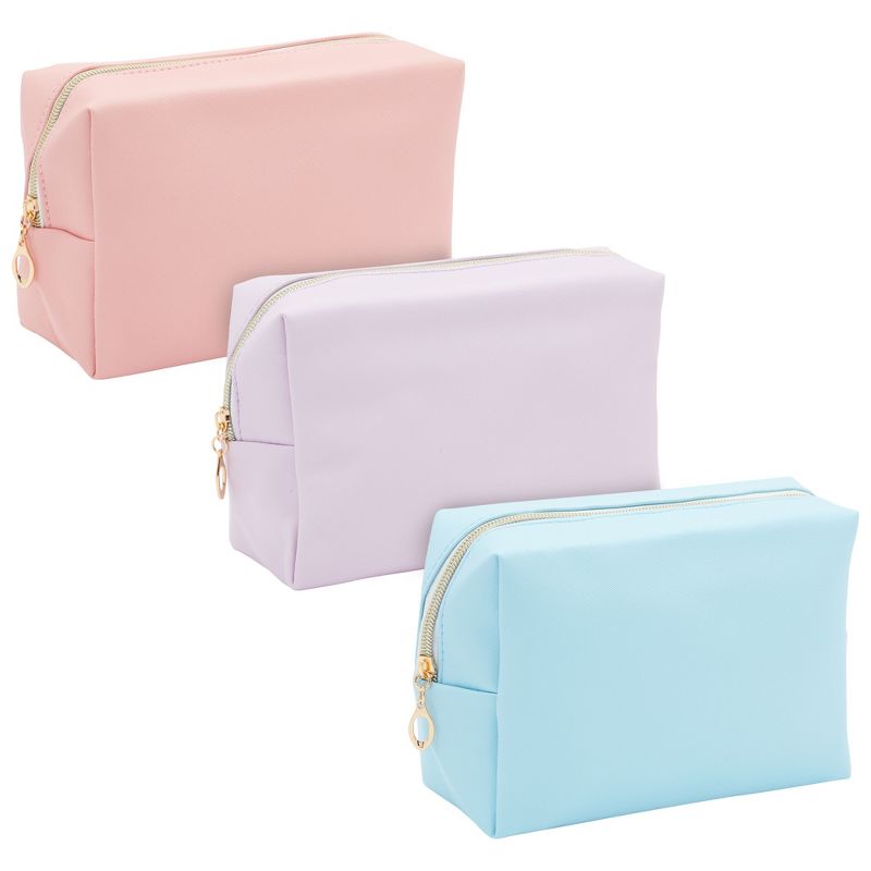 Glamlily 3 Pack Faux Leather Makeup Bag with Zipper, Travel Cosmetic Bags, 3 Pastel Colors, 1 of 9