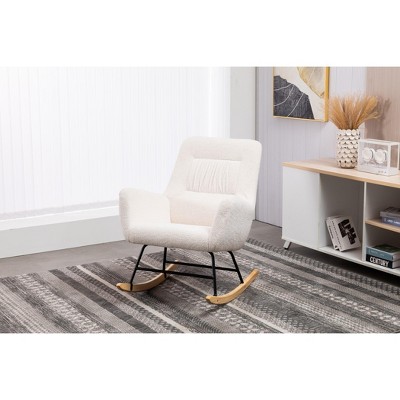 LUCKLIFE Rocking Chair – Teddy Upholstered Glider Rocker, High Backrest, Side Pockets, For Nursery, Living Room, Bedroom (White, Without Ottoman)