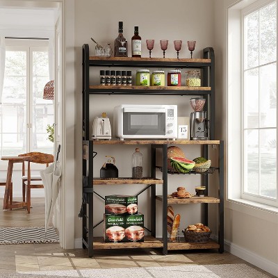 Bakers Rack with Power Outlet, Kitchen Microwave Stand with Storage Shelves, Large Coffee Bar Station, Metal Frame