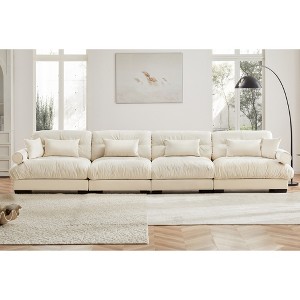 Aukfa Cream Velvet Large Sofa with Bolster Armrests, Waist & Throw Pillows – Modern Couch for Living Room, Bedroom or Office - 1 of 4
