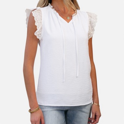 Amaryllis Women's Eyelet Ruffle Sleeve Top with V-Neck Drawstring Detail Relaxed Fit Stylish Casual Blouse