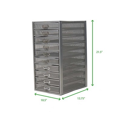 Sleek Silver Metal Mesh 10-Drawer Desktop Organizer Cabinet