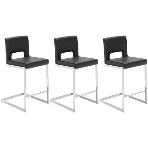 26" H Bar Stools Set of 3 - Modern PU Leather Barstools with Hollow Back, Upholstered Armless Kitchen Island Stools, Black with Chrome Metal Frame - 1 of 4