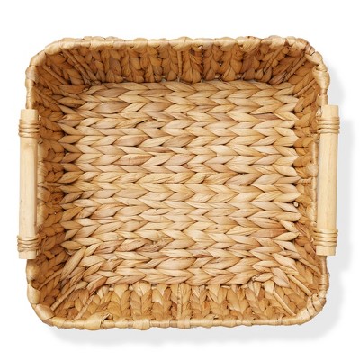 Small Oval Water Hyacinth Storage Baskets with Wooden Handles