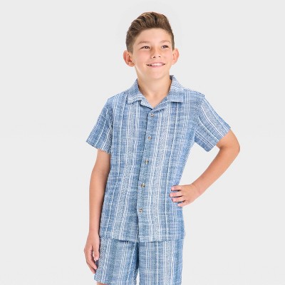 Boys' Short Sleeve 4th of July Button-Up Textured Gauze Shirt - Cat & Jack™ Light Blue