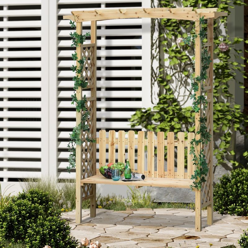 Outsunny Wooden Trellis Arbor Arch for Climbing Plants with Garden Bench, Grow Grapes & Vines, Patio Decor & 2-Person Seating, Natural, 2 of 8