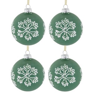 Northlight 4ct Green Glass Christmas Ball Ornaments with White Snowflakes 3" (80mm) - 1 of 4