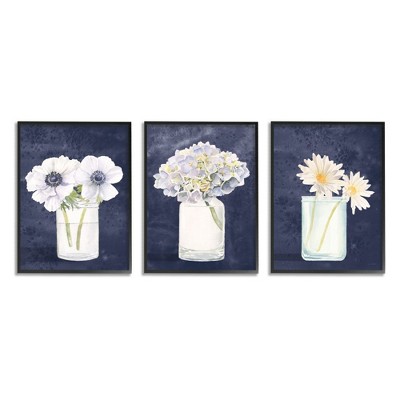 Stupell Industries Farmhouse Flower Bouquets Navy Blue White Painting Black Framed Giclee 3pc Set, 11 x 14