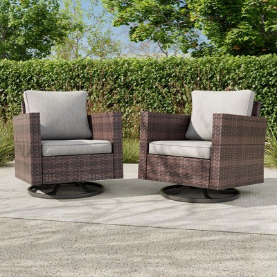 Sonkuki 2-Piece Patio Chair Set Brown Rattan Swivel Rocking Chair Set, Outdoor Furniture PE Wicker Set