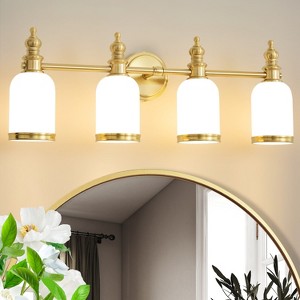 POWLIG 27.75-in 4-Light Vintage Courtly Gold Bathroom Vanity Light with Frosted Milk Glass Shade - 1 of 4