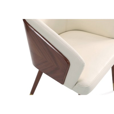 Cream Faux Leather Upholstered Arm Chair with Walnut Legs