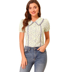 Allegra K Women's Floral 1950s Peter Pan Collar Button Down Tops - 1 of 4