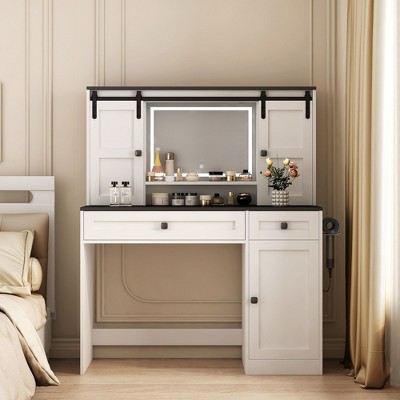 Okak Farmhouse 43.3" Wide Dressing Table with Hair Dryer Holder Vanity Desk with Makeup Drawer and Cabinet for Bedroom